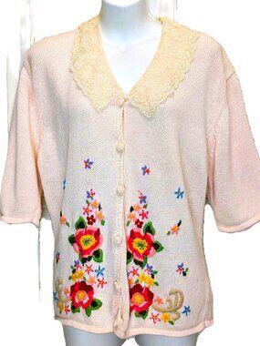VTG Susan Bristol Embroidered Sweater Lace Collar Cardigan Pink Cottage LARGE